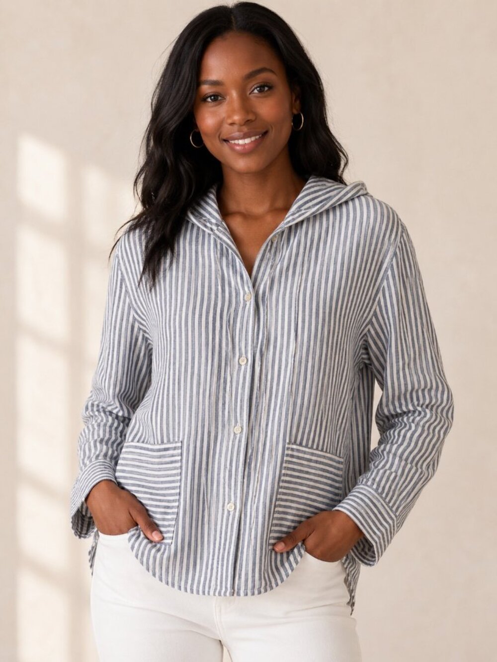 Tahari Linen Hooded Shirt Jacket Blue White Stripe Button Front Women M